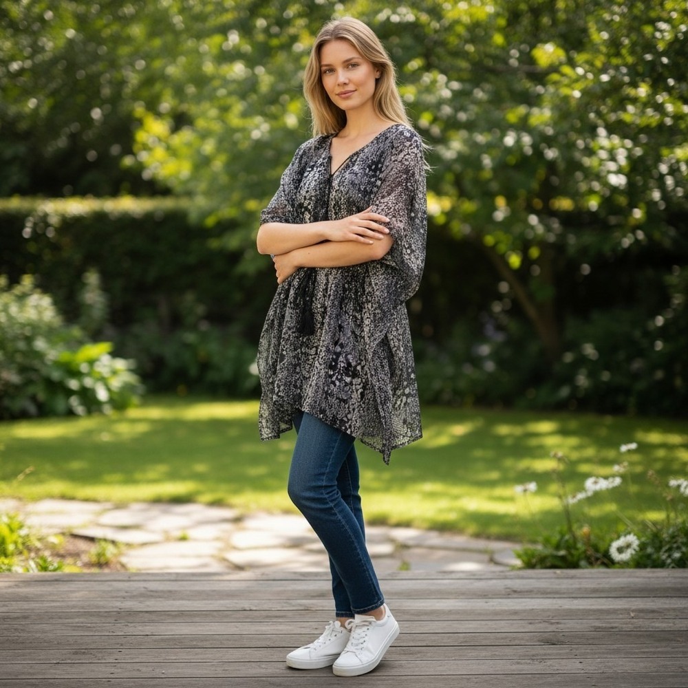 Le Montreux Paris Grey Black Snakeskin Kimono Swimsuit Coverup V-Neck Tassel OS